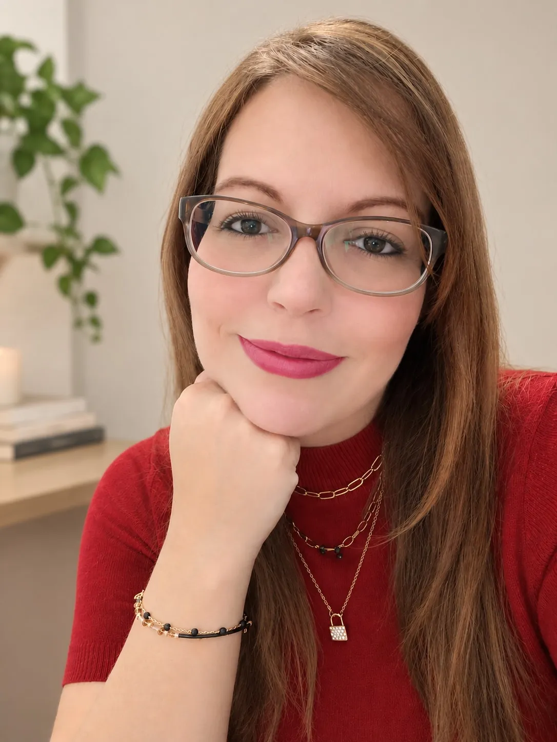 Carolina Vivas, escritora venezolana de novelas románticas, sonriendo con la mano bajo el mentón